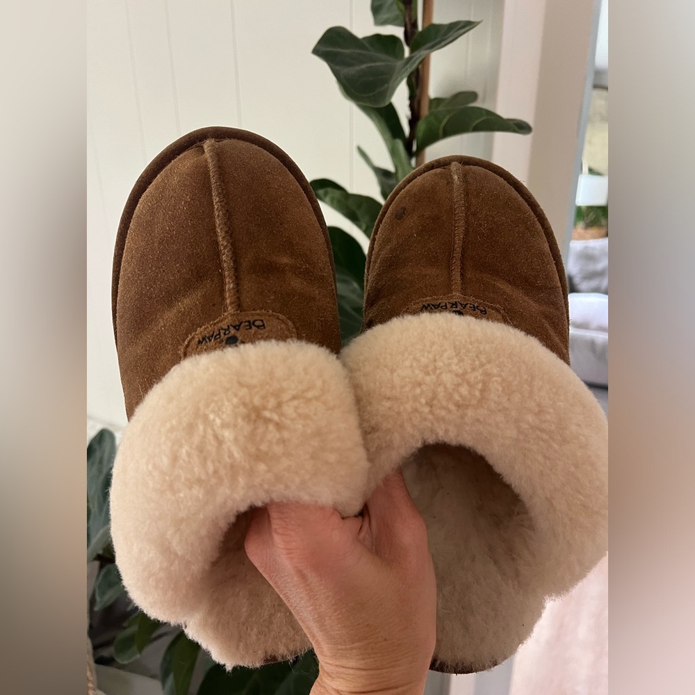 BearPaw Tan Suede Slippers with Plush Cream Lining